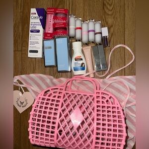 Pink Woven Handbag with Assorted Beauty Products summer bundle